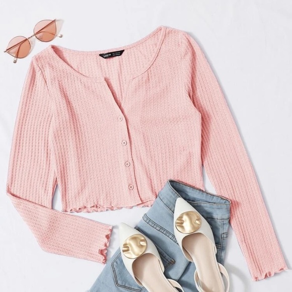 SHEIN Tops - SHEIN Button Front Lettuce Edge Waffle Knit Tee